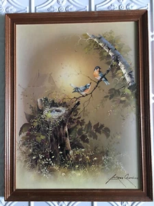 Vintage Andres Orpinas signiert 1970er blauer Vogel Litho Druck Holz gerahmt 13,5"X17" - Bild 1 von 6
