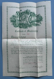 1920 Western Loan & Building Company Salt Lake City Utah Membership Document - Picture 1 of 4