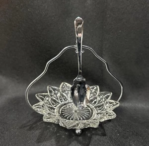 Vintage Federal Glass Pedal Relish Dish with Silver Metal Stand & Serving Spoon - Picture 1 of 4