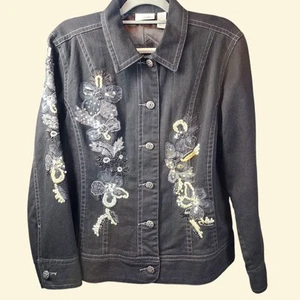 Chicos Platinum Damen schwarz Denim Blumen Pailletten bestickt Jacke Größe 3/XL - Bild 1 von 11