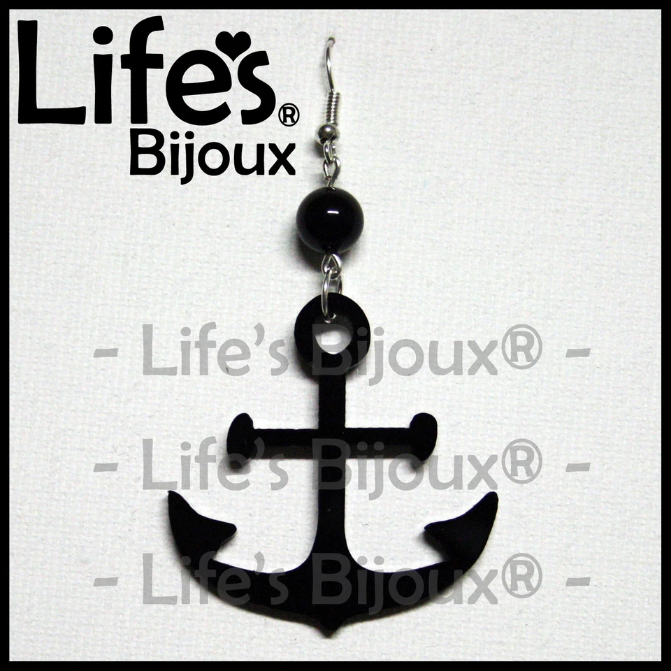 Orecchino Ciondolo Ancora Mare Marinaio Donna Plexiglass Pendente Nero 4 cm - Immagine 1 di 1