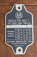 Vintage Allen Bradley Bulletin 802 Limit Switch Metal Nameplate Emblem Sign