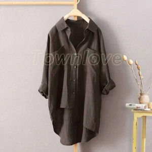Women Lapel Collar Cotton Linen Shirt Dress Casual Loose Long Sleeve Button Tops - Picture 1 of 28