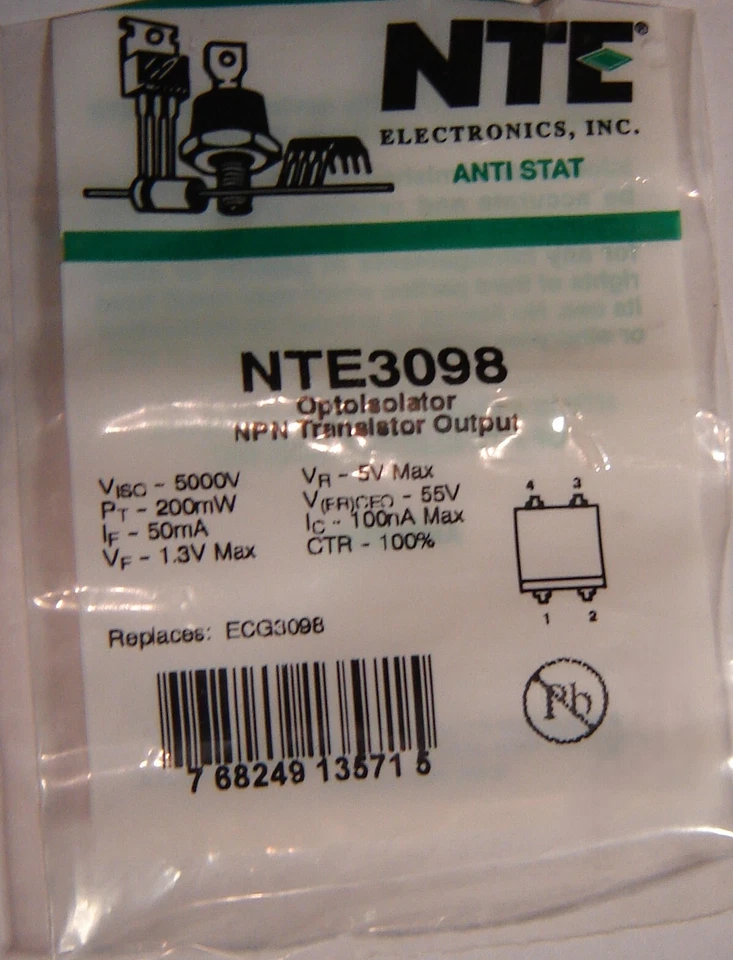 (3) NTE 3098 Optoisolator NPN Transistor Output VISO=5000V 4 Lead Dip - Image 1 of 3