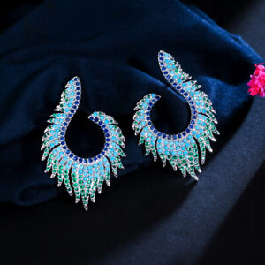 Unique Geometric Turkish Blue CZ 925 Silver Long Fringed Stud Earrings for Women