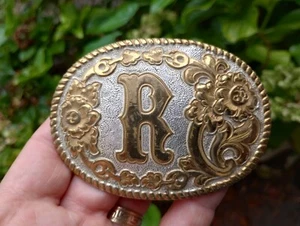 Custom Letter R On Ornate Two-Tone Crumrine Western Buckle Male Female Rodeo - Picture 1 of 6
