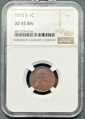 1931 S Lincoln Wheat Cent NGC XF 45 Brown, Semi-Key Date Penny, Bluish Toning - Image 1 of 4