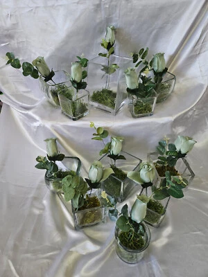 Juego de 10 centros de mesa de boda, rosa verde, eucalipto, jarrones cuadrados Asst Foto 1 de 4