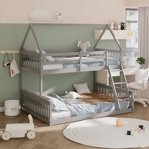 Twin Over Full House Bunk Bed with Ladder & Guardrails Convertible to 2 Beds - Picture 1 of 10