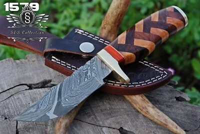 定制手工大马士革钢狩猎薄刀带优质皮革保护套, — 第 1/4 张图片