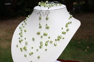 S10 Freshwater Pearls Jewellery Set Necklace Earrings Bracelet olivedrab1 - Picture 1 of 1