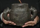8 " Old Chinese Meteorite Carved Dynasty Dragon Ear Crock Pot Jar