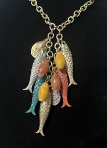 Napier Fish Oyster Catch Buoy Goldtone 24" Necklace Teal Orange Silvertone 3-04x - Picture 1 of 8