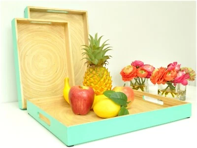 Handmade Lacquer Bamboo Rectangular Tray Serving Decorative Tray Hi Gloss jade - Image 1 of 4