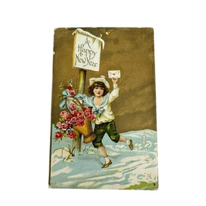Vintage 1908 Happy Boy with Basket & Letter "A Happy New Year Postcard" Posted - Picture 1 of 9