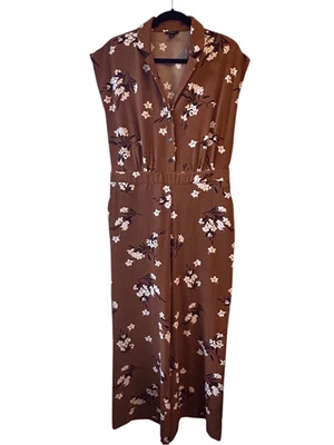 Ann Taylor Brown Floral wide-leg Jumpsuit sz S soft jersey stretch boho work - Image 1 of 4