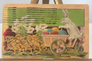 Antique Easter Greetings Postcard Anthropomorphic Chicks Rabbit Wagon with Eggs - Picture 1 of 14