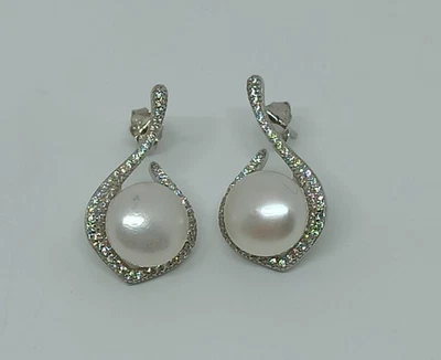 ORECCHINI IN ARGENTO 925 ZIRCONI E PERLE TONDE VERE 10 MM (AMFO0471) - Immagine 1 di 3