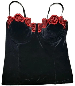 VTG Secret Treasures 38C Velvet Corset Top Red Rose Embroidery Fishnet Mesh Blk - Picture 1 of 9