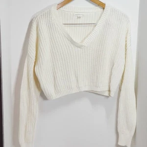 Suéter Aeropostale Pequeño Recortado Manga Larga Blanco Tejido con Cable Cuello en V - Imagen 1 de 3