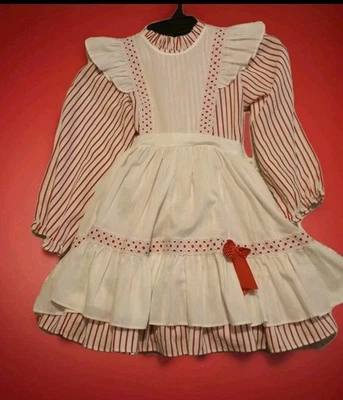 AS IS Vtg USA Girls MINI WORLD Size 6 Pinafore Circle Dress w/Slip Red Striped - Image 1 of 4