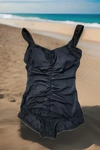Traje de baño Maxine of Hollywood para mujer de una pieza negro liso acanalado vintage talla 10 - Imagen 1 de 11