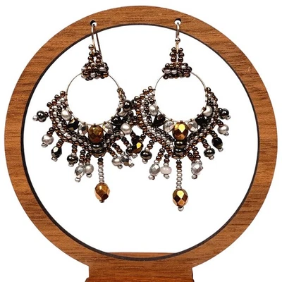 Boho Beaded Chandelier Earrings Metallic Gold Bronze Silver Dangle Beadwork - Image 1 of 4