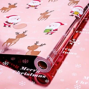 Christmas Wrapping Paper Roll, Pink Metallic Foil Shine Paper, Santa Claus & Rei - Picture 1 of 8