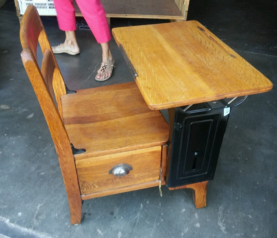 023 Старинный школьный стол стул Langslow Fowler дерево металл дуб средний Moulthrop  - Изображение 1 из 4