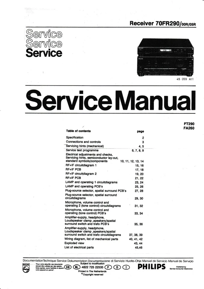 Servizio Manuale di Istruzioni per Philips 70 Fr 290 - Immagine 1 di 1