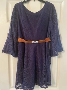 By and By Girls Dress Navy Lace W/ Brown Flower Belt Size 14 1/2 - Picture 1 of 2