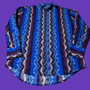 Vintage Wrangler Pearl Snap Western Shirt Mens Medium Blue Aztec Stripe Cowboy - Picture 1 of 7
