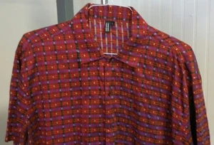 Marianne Kooimans Red Purple Orange Hand Crafted Plaid Shirt Mens L Southwestern - Picture 1 of 4