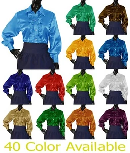 Women Satin Button Down Shirt Long Sleeve Front Ruffle Blouse Vintage Shirt Top - Picture 1 of 34