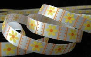 3/8" pulgadas amarillo naranja FLOR blanco satinado CINTA - 1 yarda margarita floral girasol - Imagen 1 de 3