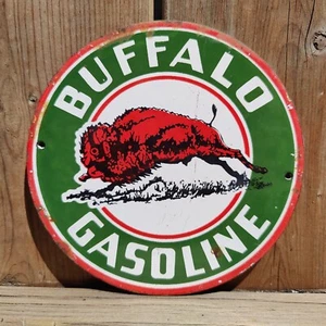 VINTAGE BUFFALO GASOLINE PUMP PORCELAIN ENAMEL METAL SIGN SIZE 6" - Picture 1 of 7