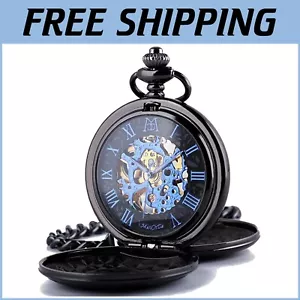 Elegant Mechanical Roman Numerals Skeleton Pocket Watch with Cowboy Chain - Picture 1 of 9