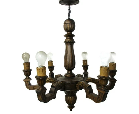 Hand Carved Wooden Chandelier Ornate  6 arm Lights Country Farmhouse Barn Style Cover