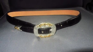 Justin Women's Black Leather Belt Silver Tone/Gold Western Buckle 30" C20073 EUC - Picture 1 of 8
