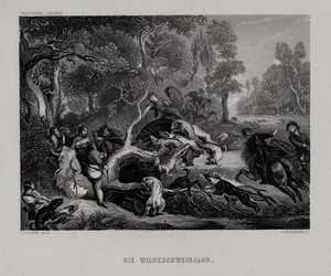 Wildschweinjagd. Stahlstich, nach Rubens um 1870 - Picture 1 of 2
