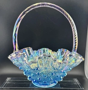 Vintage Fenton Glass Blue Purple Iridescent Hobnail Basket Gorgeous Large - Picture 1 of 24