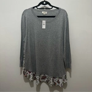 NWT LOFT Gray Floral Hem Women's Sweater Top Sz XL $55 mixed media coastal gma - Picture 1 of 8