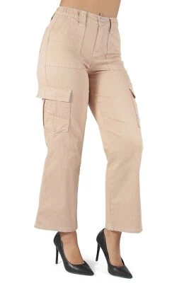Women's Juniors, Mid Rise Elastic Waist, Loose Fit, Wide Leg, Cargo Jeans - Image 1 of 4