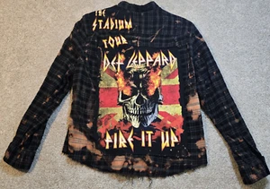 OOAK Upcycled Flannel Shirt Def Leppard Rockabilly Patches Distressed Grunge XL - Picture 1 of 13