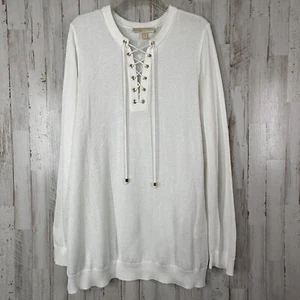 Michael Michael Kors Sweater L White Lace Up Neckline Long Sleeve Dressy Knit - Picture 1 of 13
