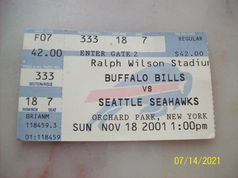 Jim Kelly-Buffalo Bills Wall Of Fame Day-Nov.18, 2001- ticket stub-Buff vs Seatt Cover