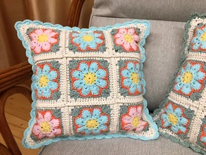 Hand Crocheted Cotton Two Sides "Aqua Spring" Hand Made Cushion 15 x 15" - Picture 1 of 14