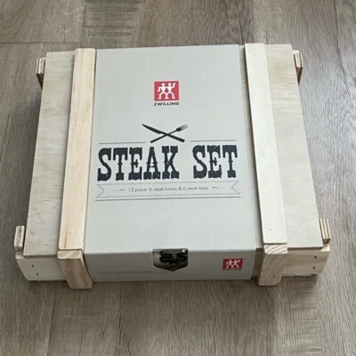 ZWILLING Henckels BIFE DE AÇO INOXIDÁVEL 12 PEÇAS facas e garfos EM CAIXA DE MADEIRA NOVO COM ETIQUETAS - Imagem 1 de 4