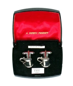 A PAIR 1950's SOPHOS KWIK LINKS RHODIUM PLATED BEER/TANKARD T-BAR CUFFLINKS - Picture 1 of 3
