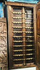 Antique Teak DOOR Indian Rustic JHAROKHA TERRACE farmhouse Brass Barn Decor